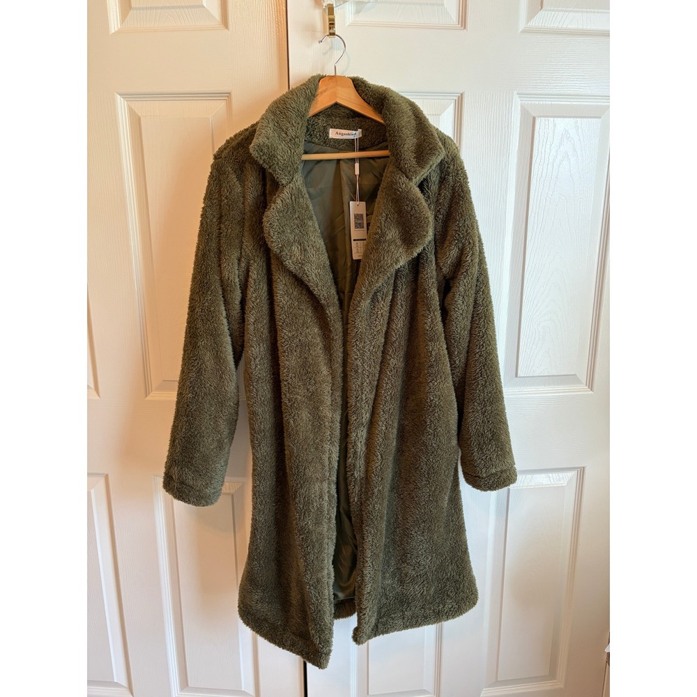 Angashion Women Olive Green Fuzzy Fleece Teddy Coat Open Front Jacket Large NWT